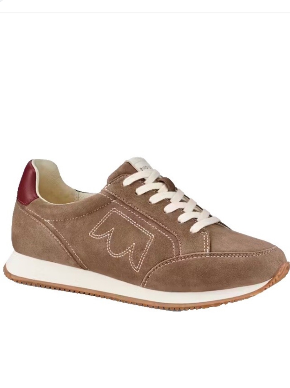 Birdies Women's Taupe Leather Suede Lace-Up Sneakers with Burgundy, size 7